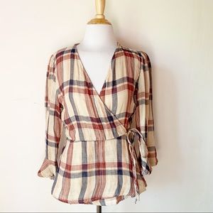 Blu Rain Plaid Wrap V Neck Cottage Blouse